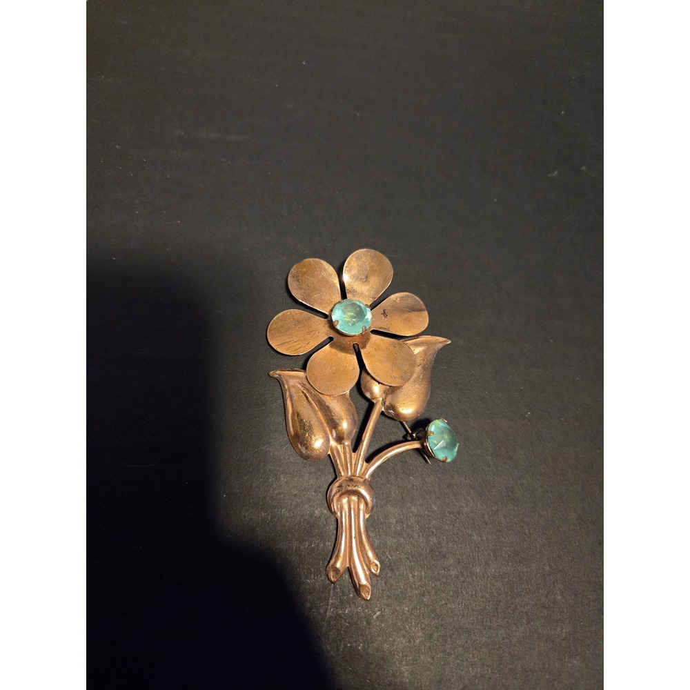 Vintage Copper Flower Bouquet Brooch Aqua Blue Rhinestones Mid Century Pin